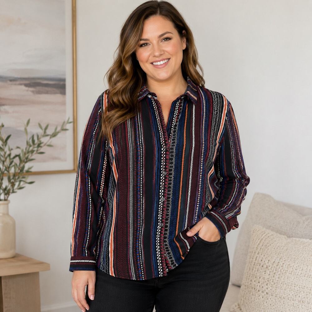 Big Dart Womens L Multicolor Vertical Stripe Button Front Long Sleeve Blouse